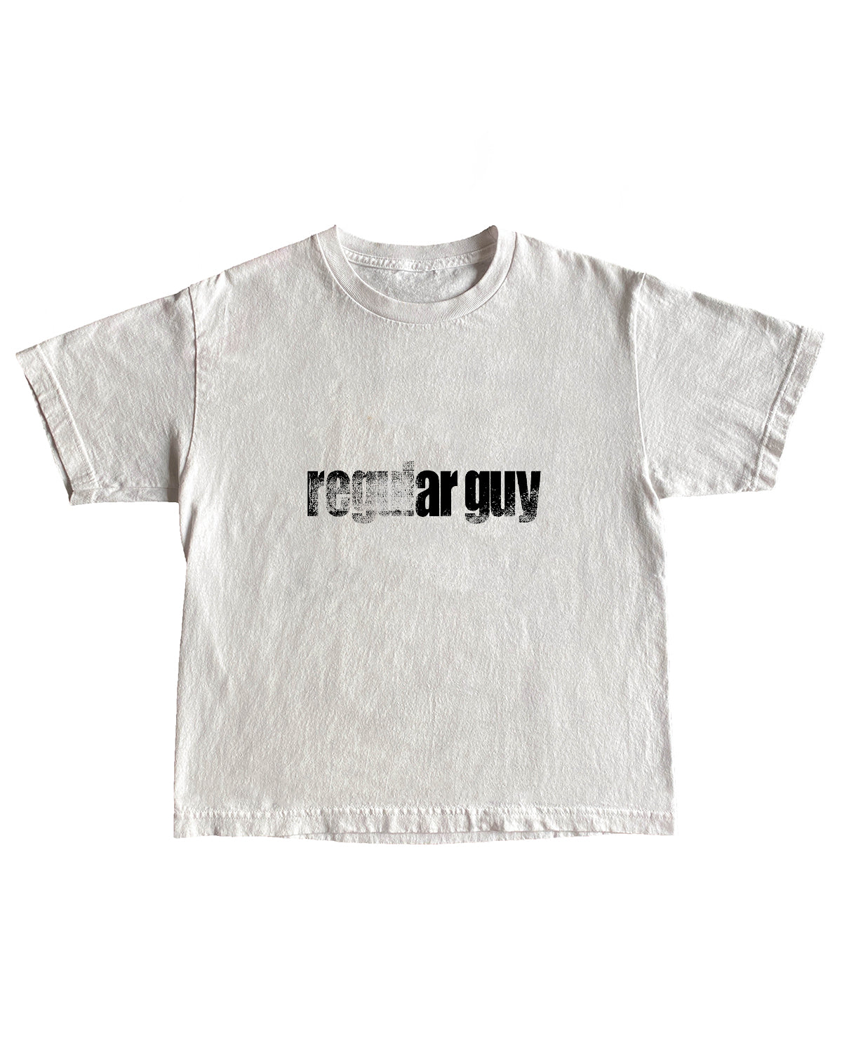 White t-shirt with 'regular guy' text